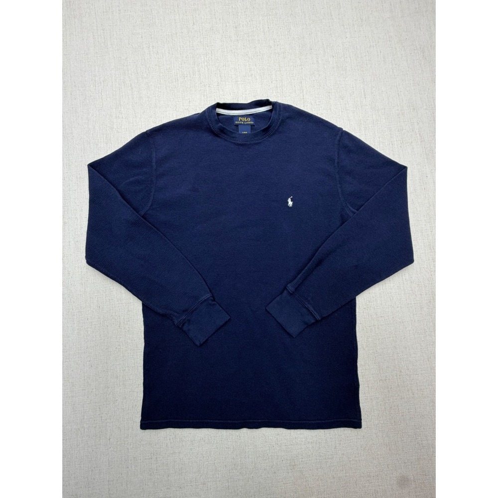 Polo Ralph Lauren Mens Large Navy Blue Waffle Knit Thermal Long Sleeve Shirt